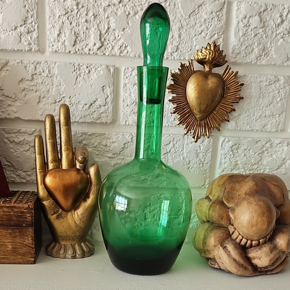 Vintage 1950 Green Glass Decanter with Stopper Made In Italy